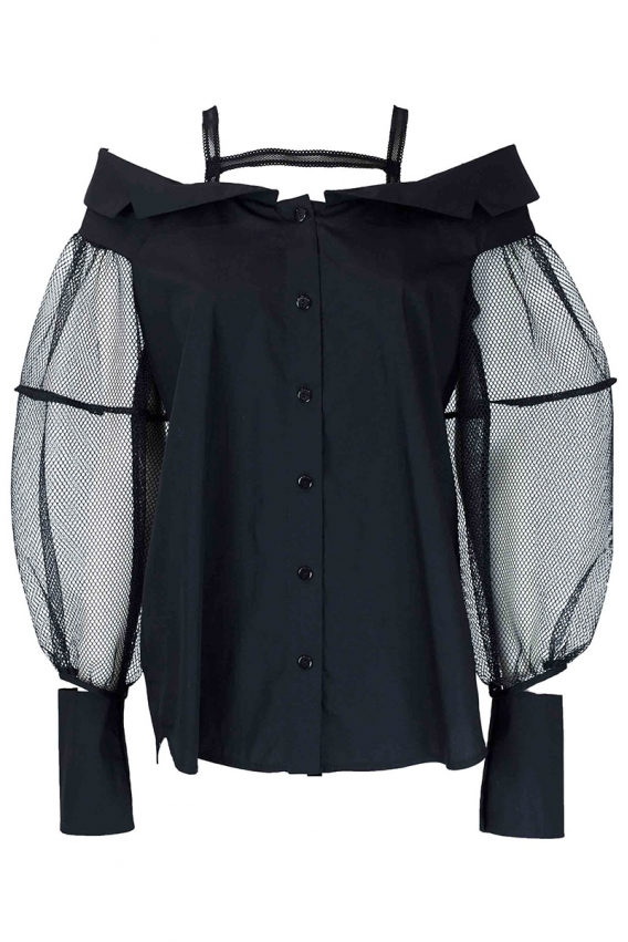 Blouse without shoulders black mesh sleeve 
