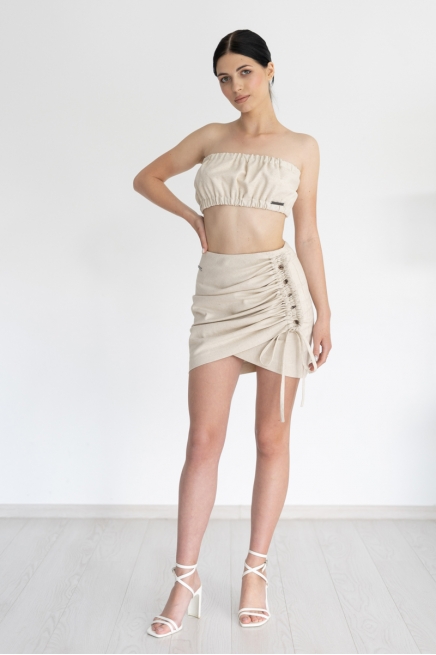 Draped beige mini skirt from linen