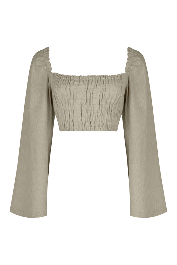 Shirred linen buff-sleeved top with lacing  