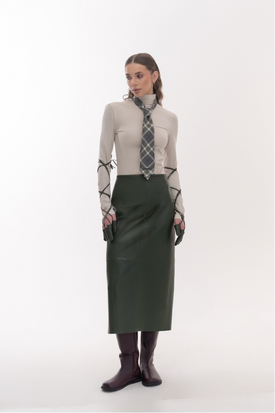 Olive-colored A-line midi skirt 