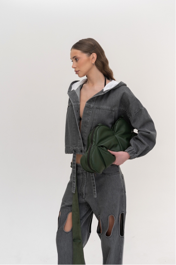 Cropped denim jacket with a hood in grey 