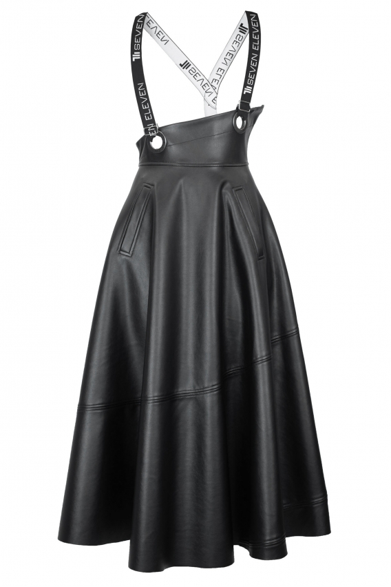 Eco leather suspender midi skirt 