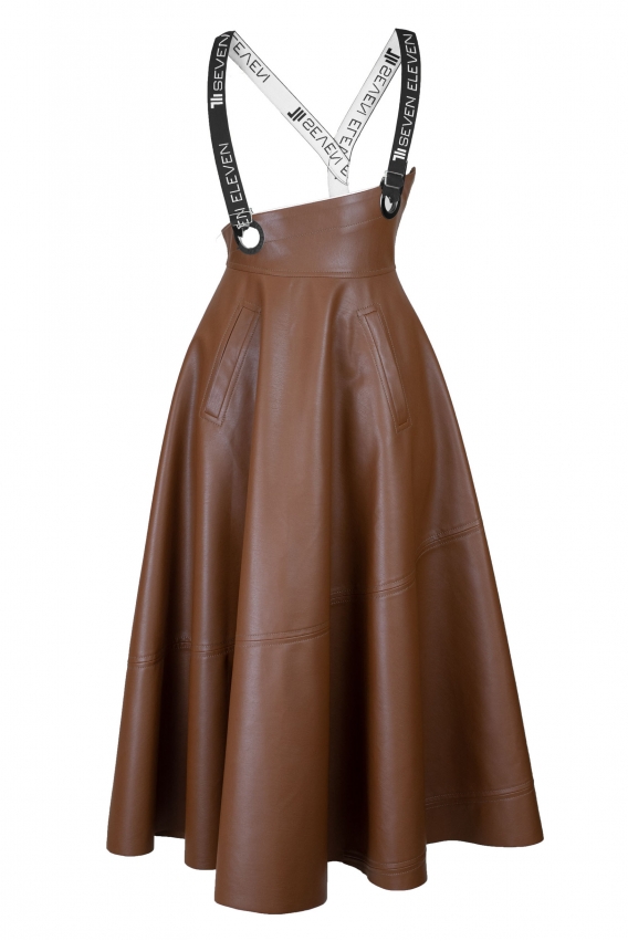 Eco leather suspender midi skirt brown 