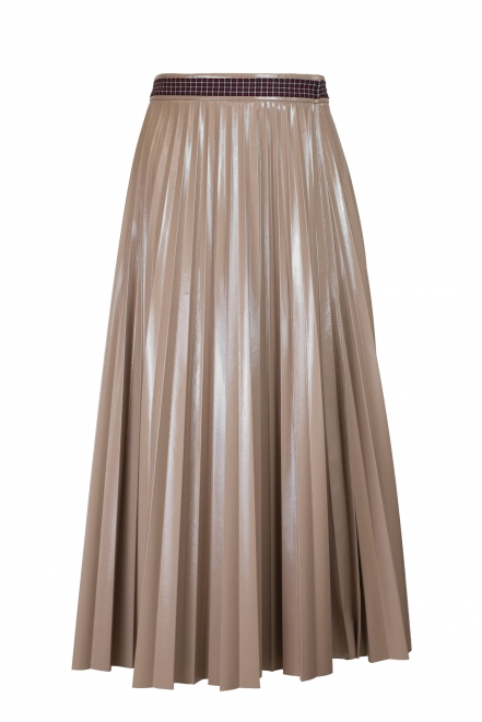 Beige lacquer pleated wrap midi skirt