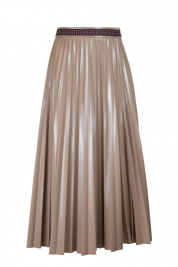 Beige lacquer pleated wrap midi skirt 