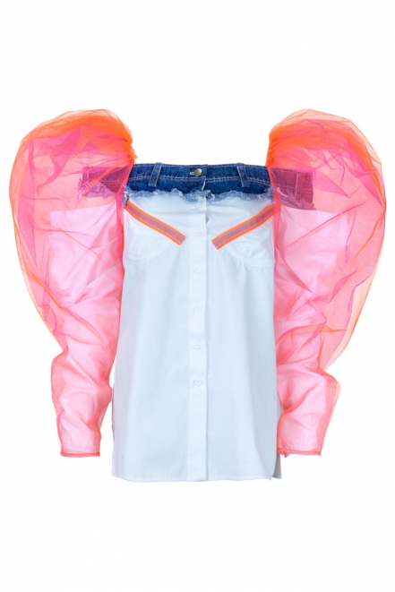 Blouse with denim decor and orange and pink mesh