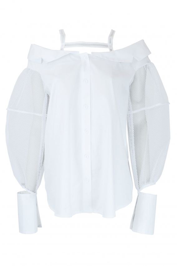 Blouse without shoulders white mesh sleeve 