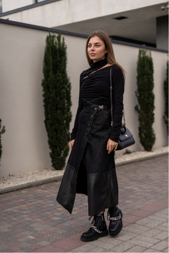 Wrap skirt in black denim/ecoleather 