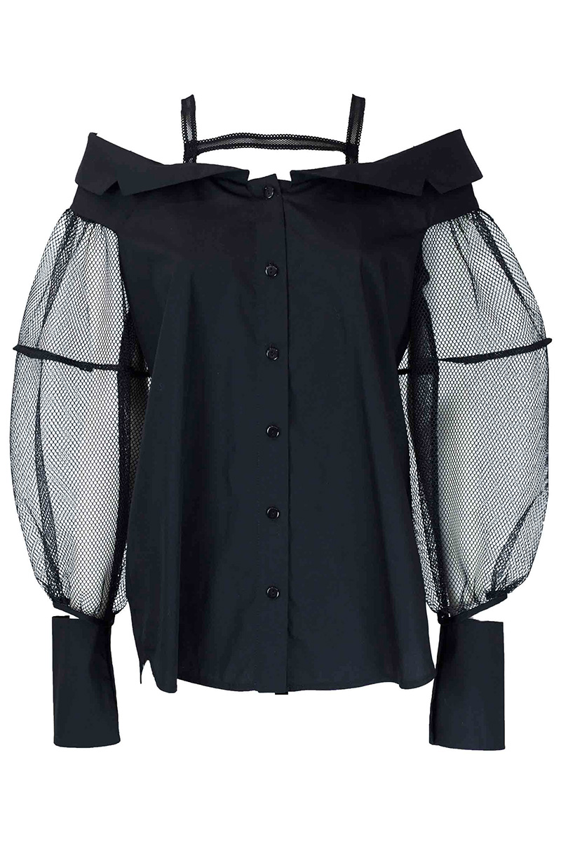 Blouse without shoulders black mesh sleeve photo