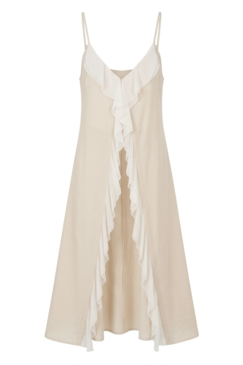 Beige tie-front ruffle tunic photo