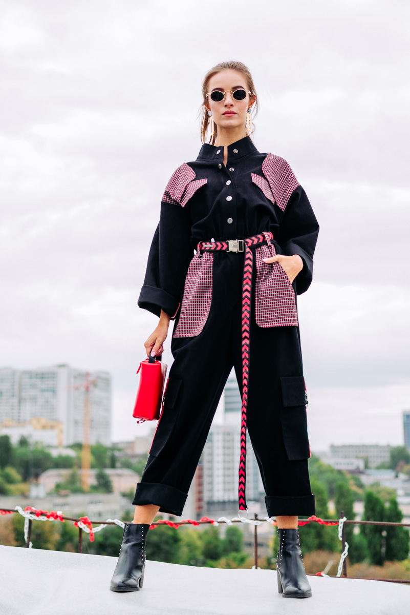 Black checkered jumpsuit photo