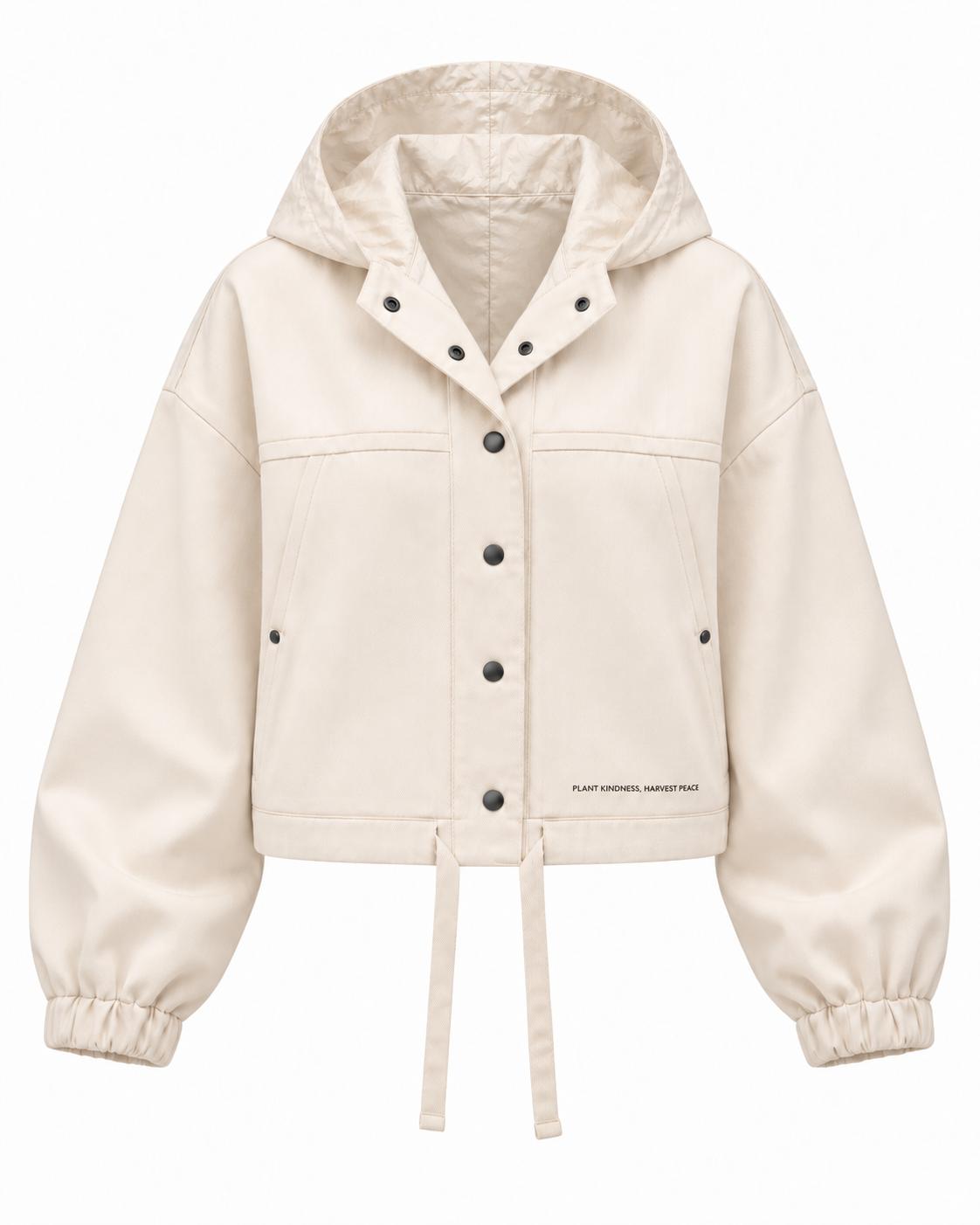 Beige cropped denim jacket with a hood 