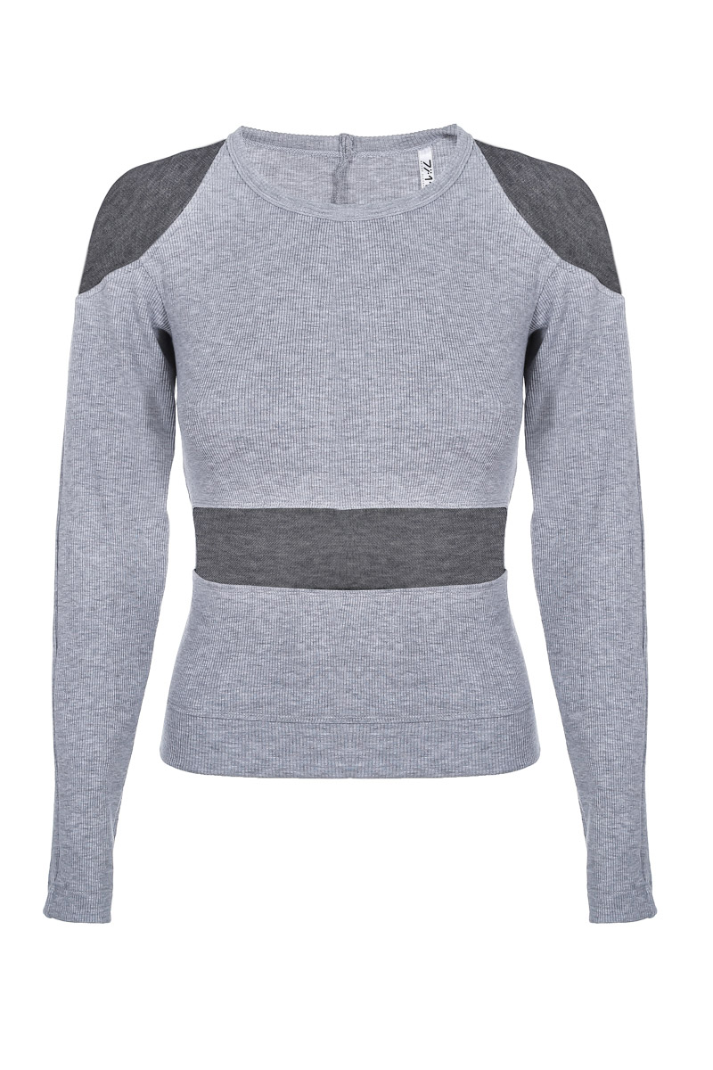 Long-sleeved gray top with a mesh on the shoulders
