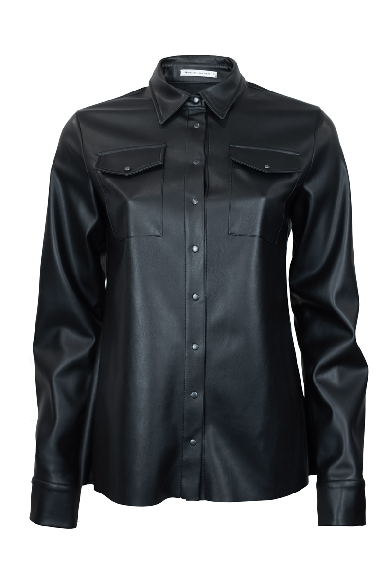 Black faux leather shirt photo