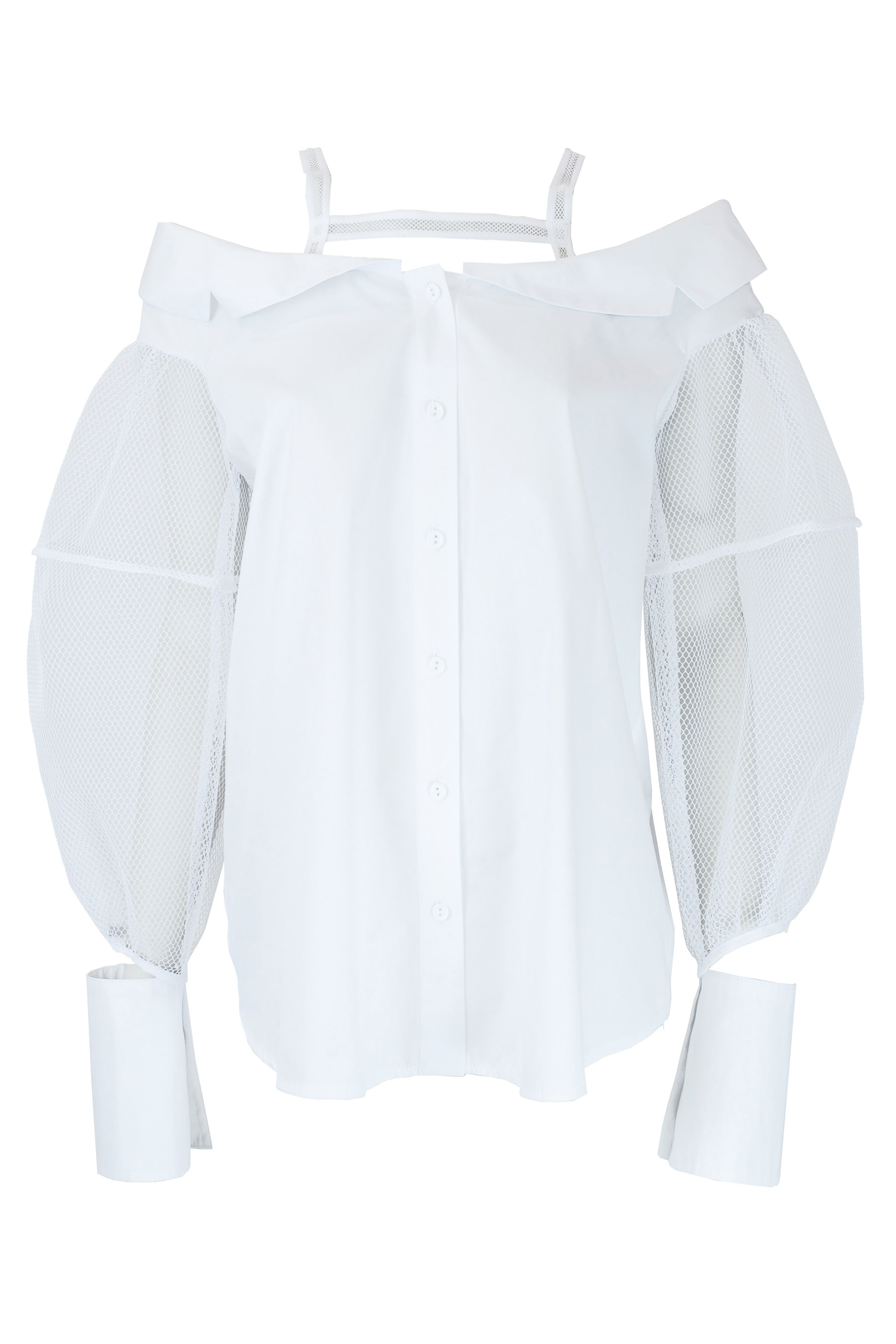 Blouse without shoulders white mesh sleeve photo