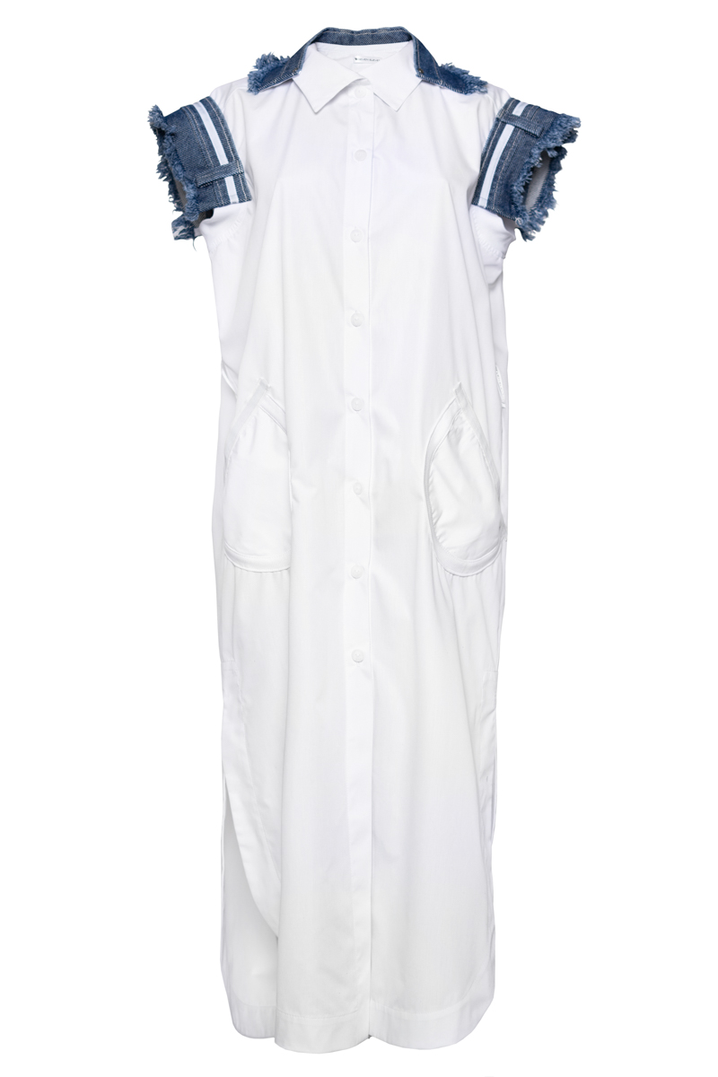 White maxi dress with denim decor photo