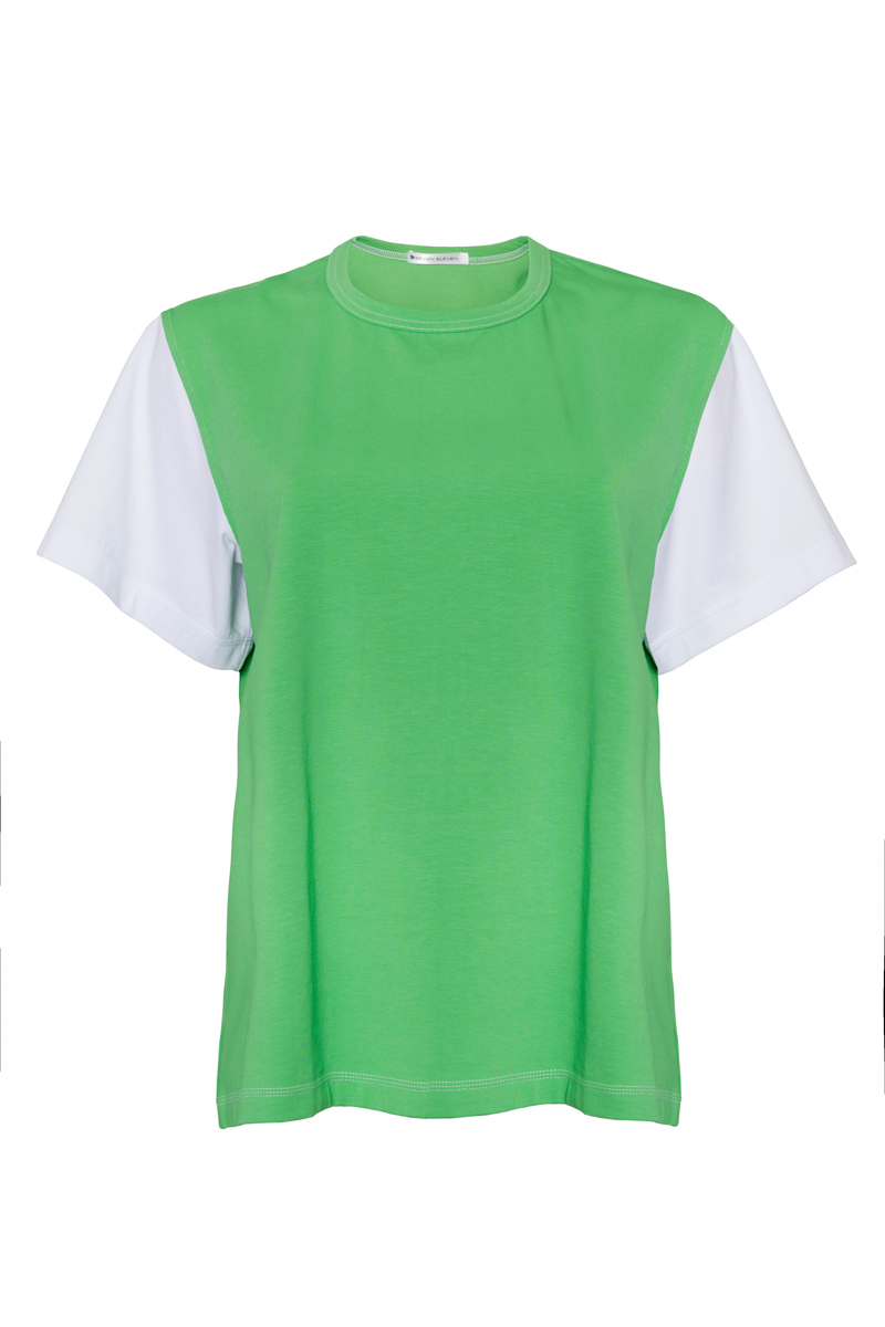 White T-shirt with green sleeves