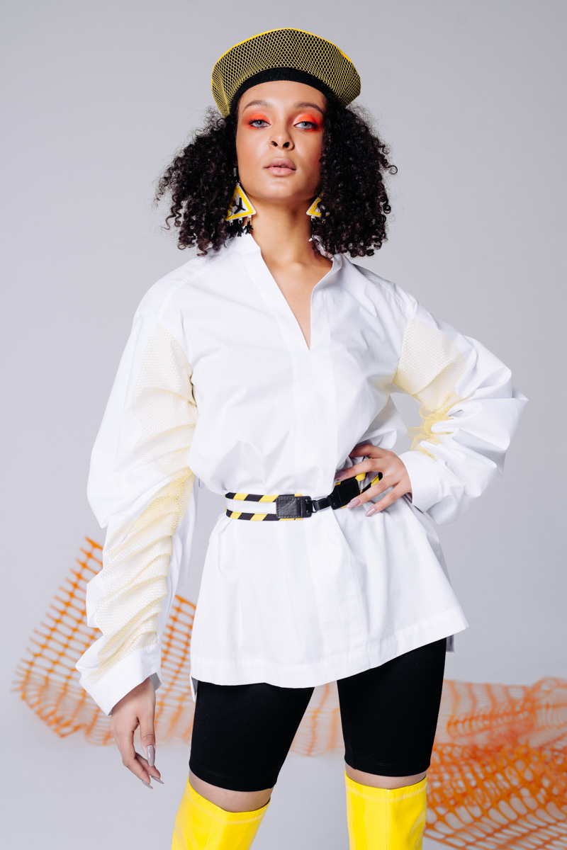 White blouse with mesh oversized sleeve  photo 5