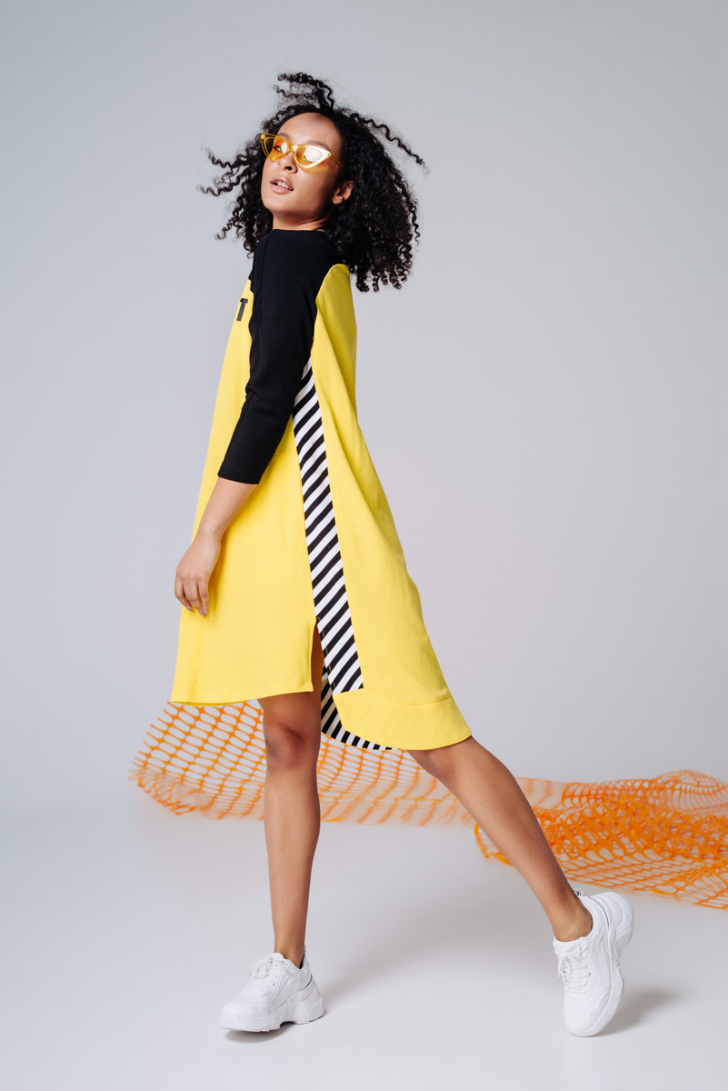Yellow asymmetrical printed dress photo 2
