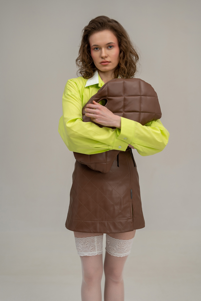 Brown quilted vegan leather skirt photo 1