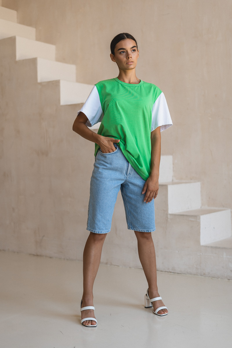 White T-shirt with green sleeves photo 1