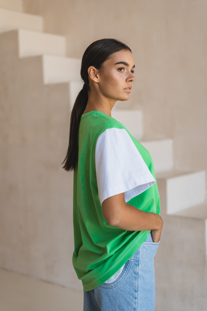 White T-shirt with green sleeves photo 4