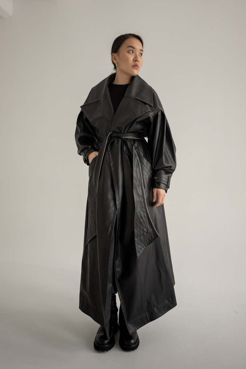 Faux leather black trench photo 5