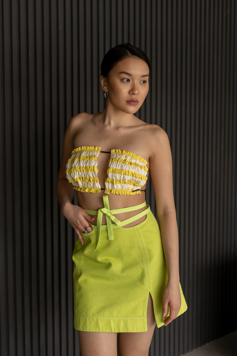 Lime color mini A-line skirt photo 5