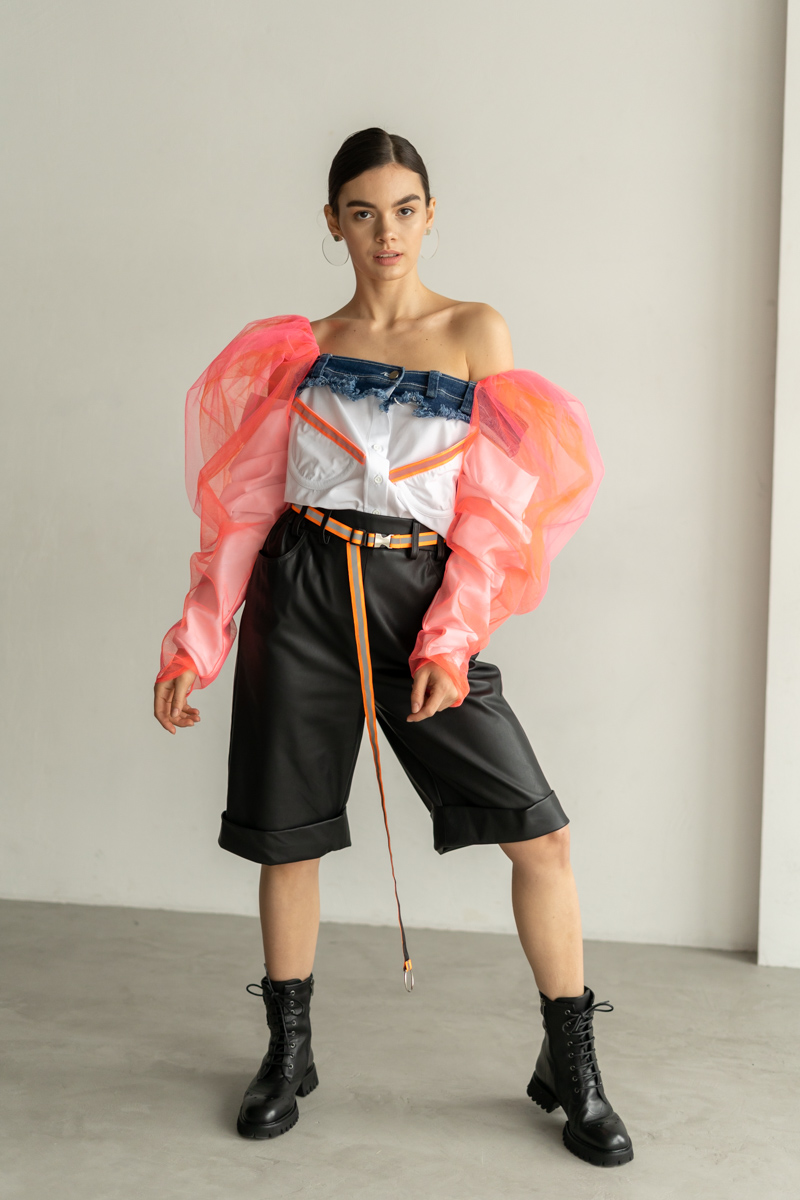 Blouse with denim decor and orange and pink mesh photo 1