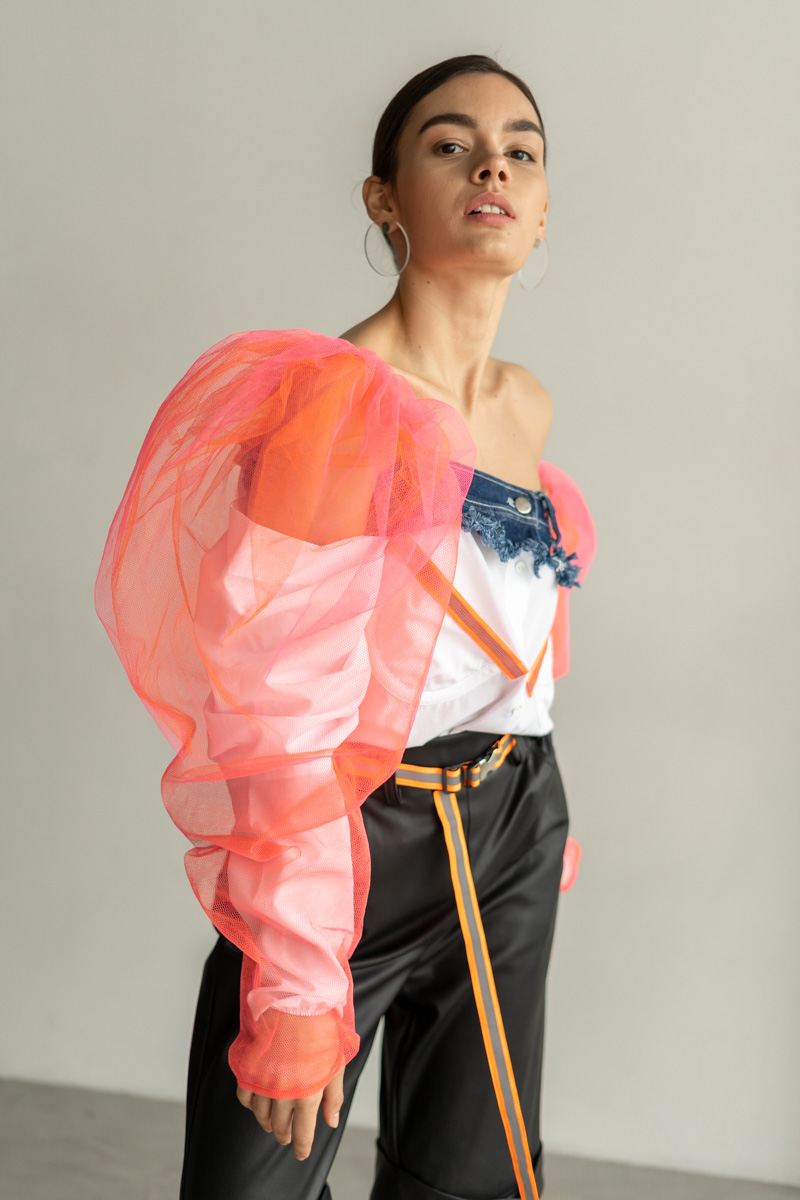 Blouse with denim decor and orange and pink mesh photo 2