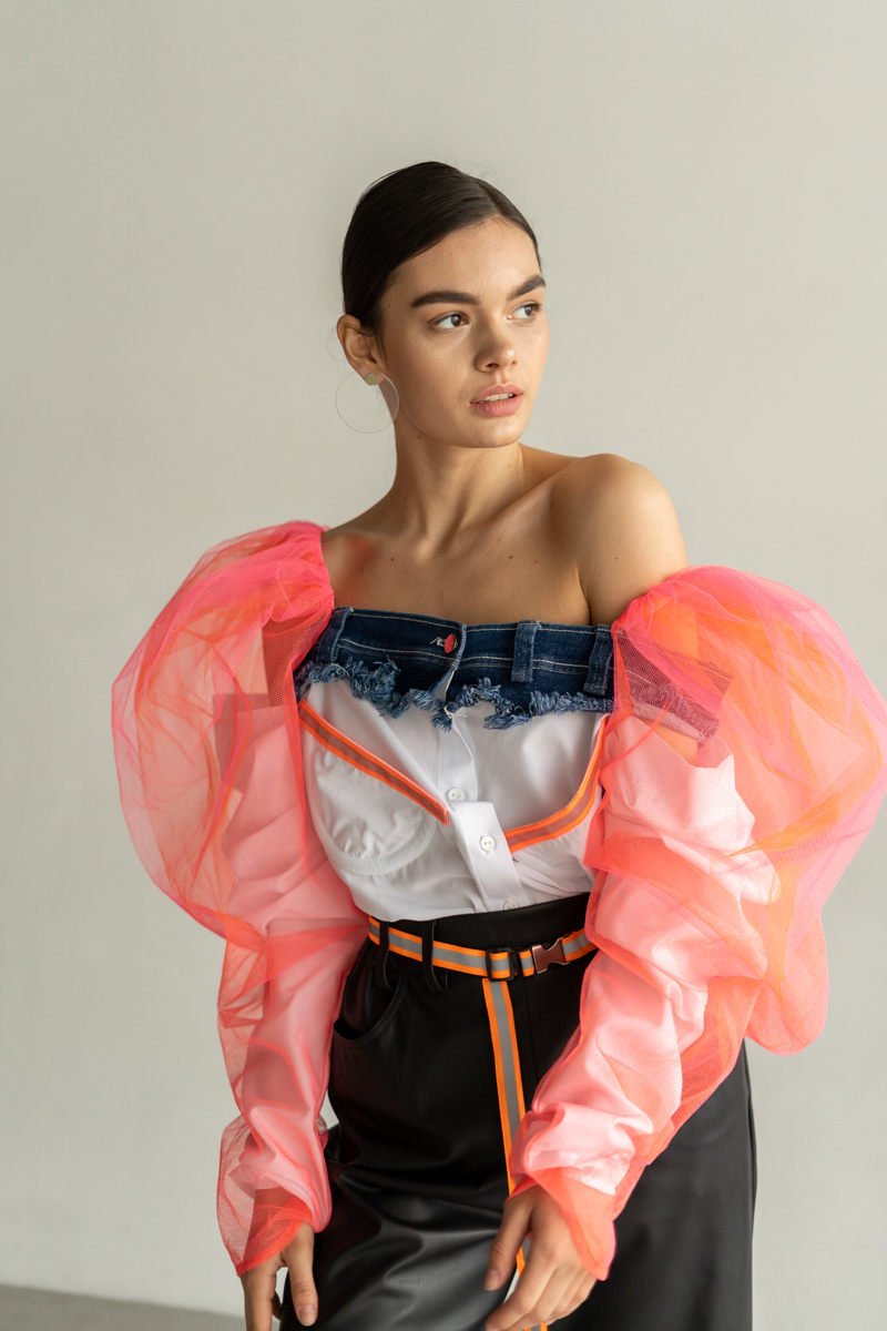 Blouse with denim decor and orange and pink mesh photo 5