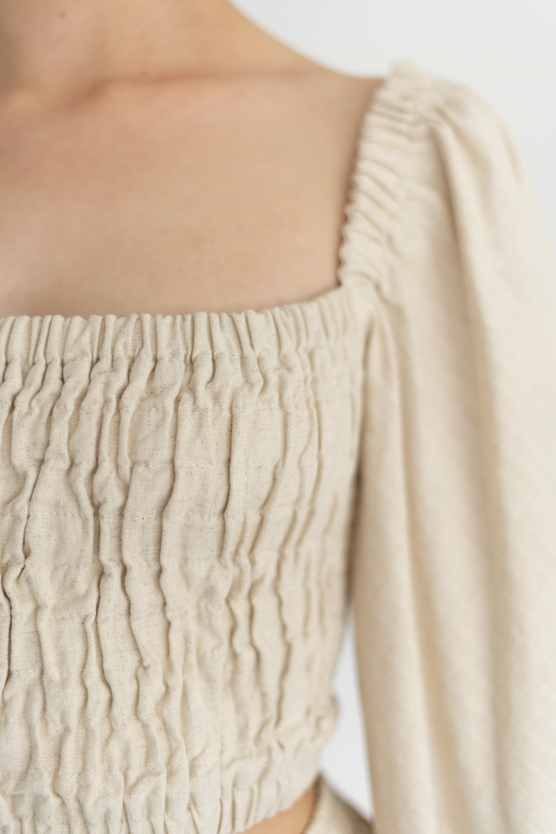Shirred linen buff-sleeved top with lacing  photo 5